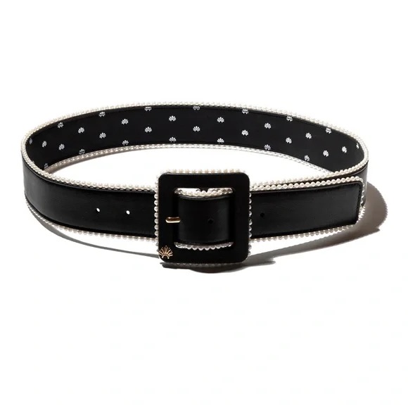 Elle Sadoughi Leather Pearl Trimmed Belt